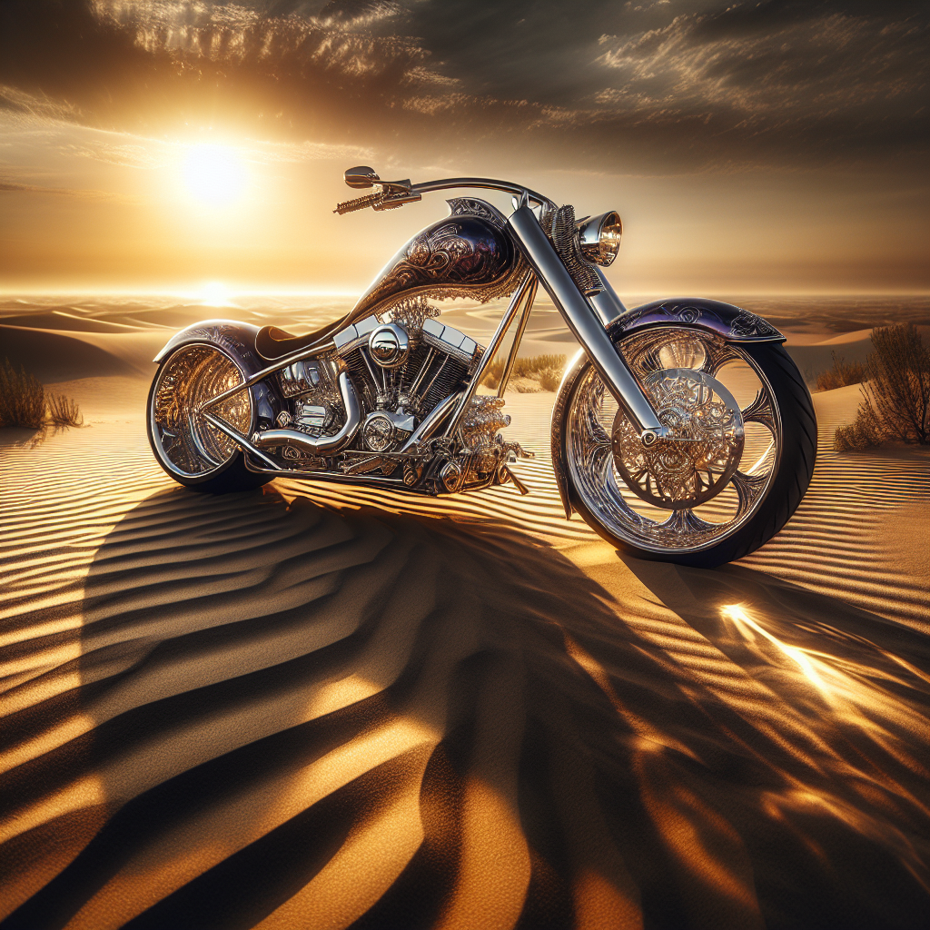 A high-end custom Harley chopper in a dramatic desert sunset, metallic purple and gold detailing, op