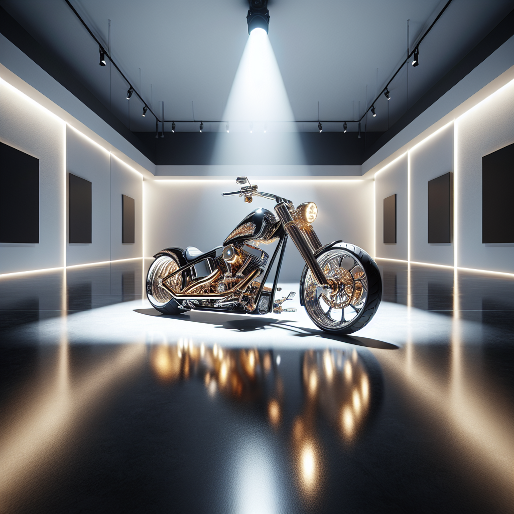 An ultra-luxurious custom Harley-Davidson chopper gleaming under a spotlight in a minimalist showroo