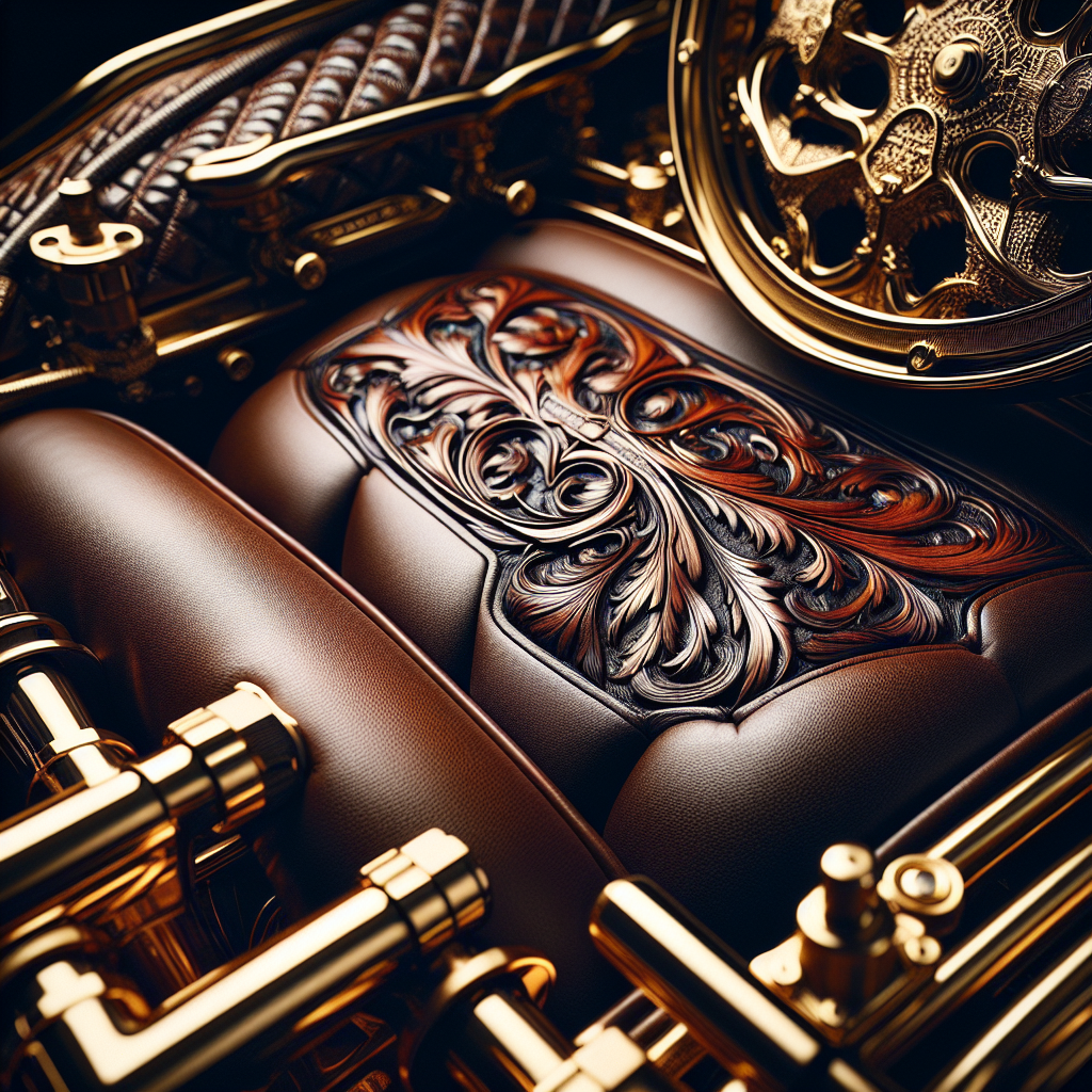 Close-up of intricate hand-tooled leather seat, engraved metalwork, and gold-plated engine component