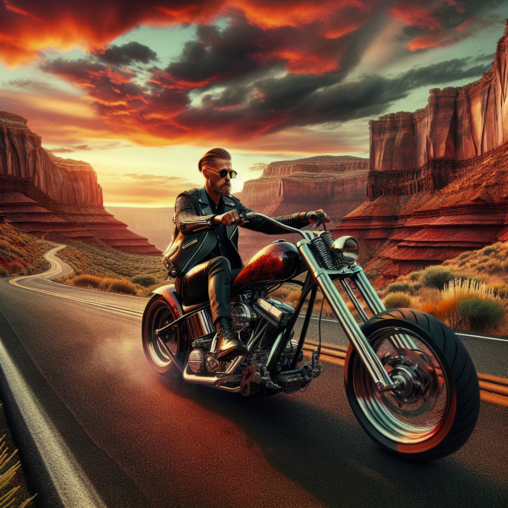 A sophisticated rider in tailored leather gear cruising a deserted canyon road at sunset on a custom