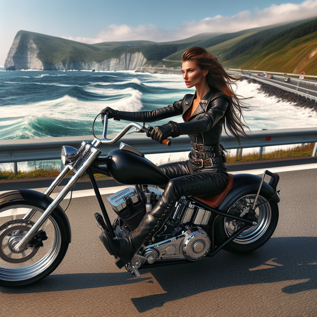 A lone rider in tailored leather gear astride a custom chopper cruising a coastal highway, with head