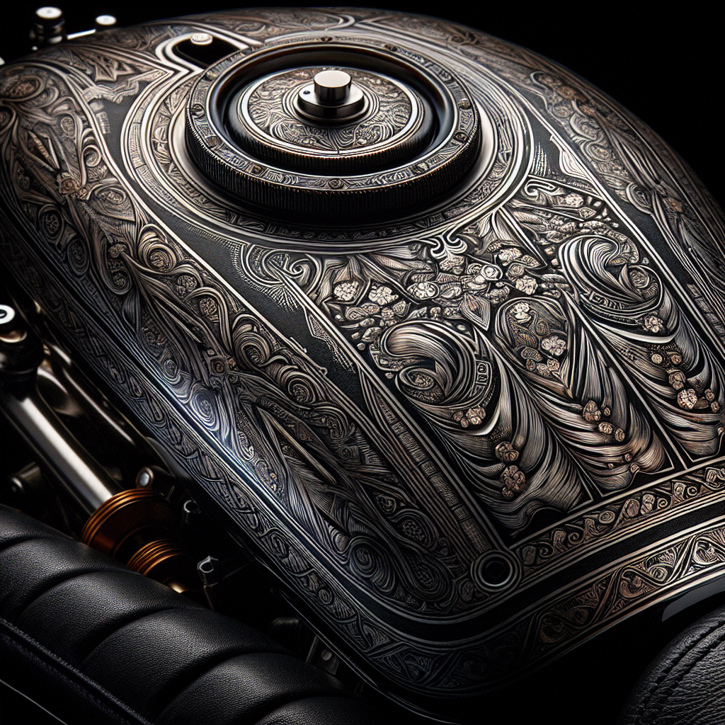 Close-up of intricate design work on a motorcycle tank, featuring hand-engraved patterns and exotic