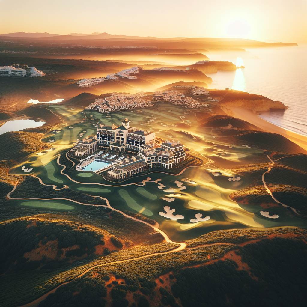 Aerial view of a luxury golf resort in the Algarve at golden hour, surrounded by rolling hills and o