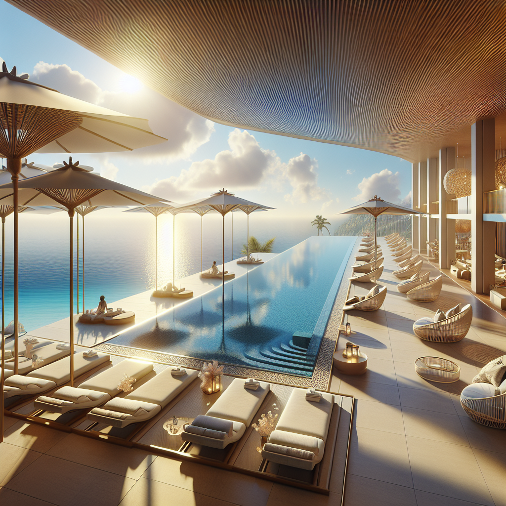 Elegant sun terrace with infinity pool overlooking the sea, featuring plush loungers and a tranquil